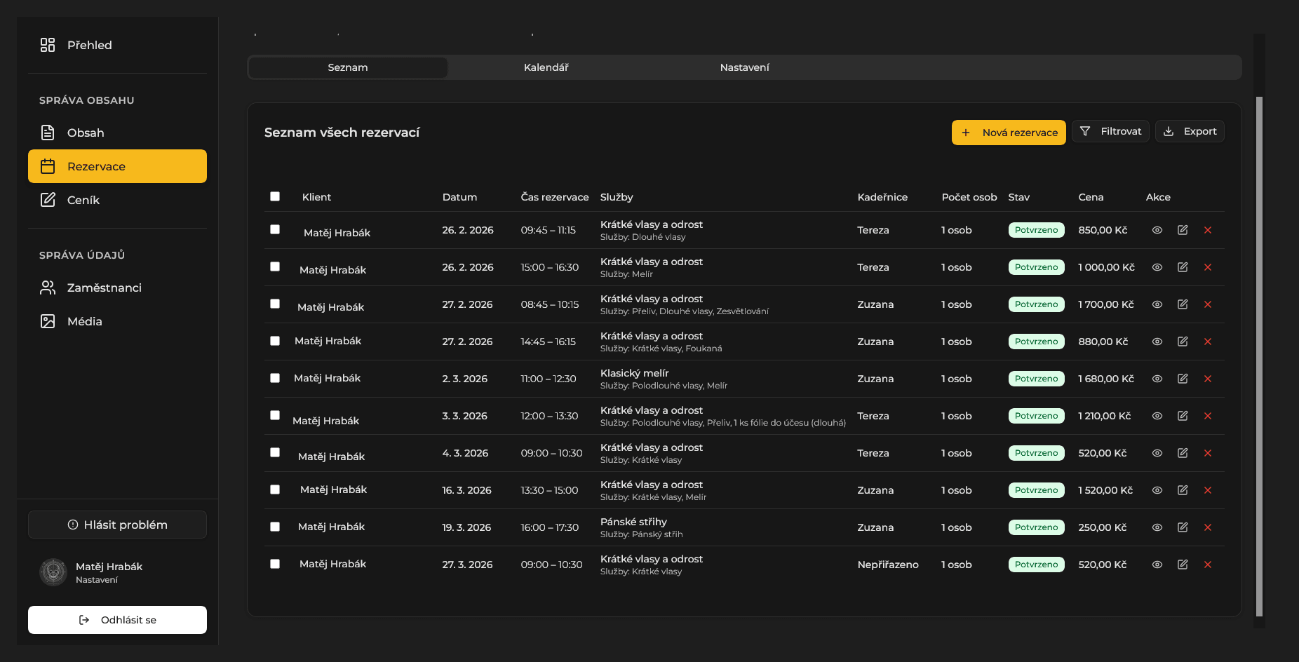 Salon Zuza booking list